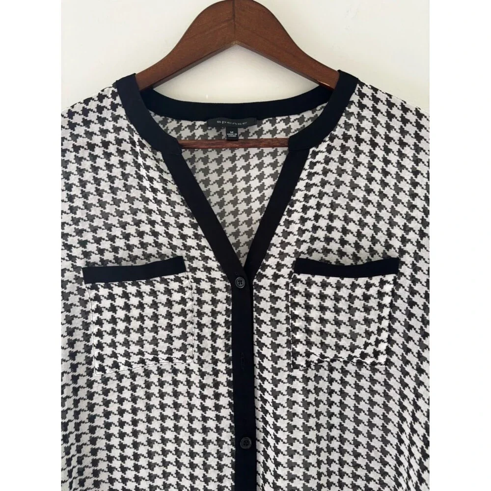 Classic Chic Houndstooth Blouse Black White Button Front Top